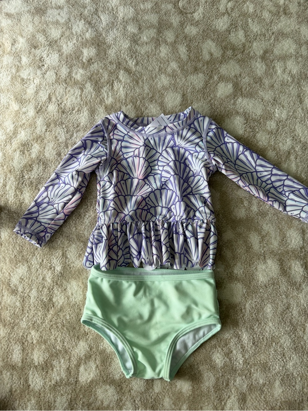Ruffle Butts Lilac Shell Print Rash Guard with Mint Bottoms